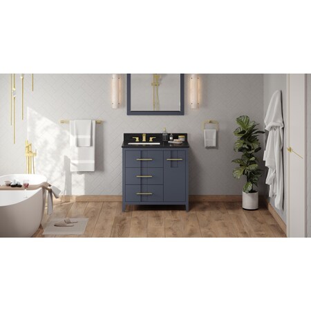 Jeffrey Alexander 36In. Blue Steel Katara Vanity, Left Offset, Black Granite Vanity Top, Undermount Rectangle Bowl VKITKAT36BSBGR
